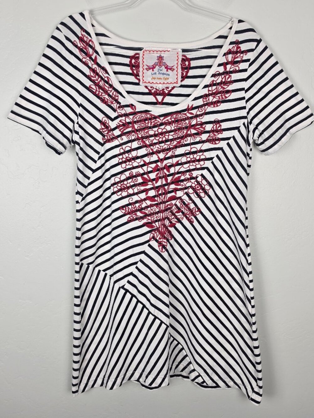 Johnny Was Embroidered Mini Dress Short Sleeve Striped Floral White Black Size L